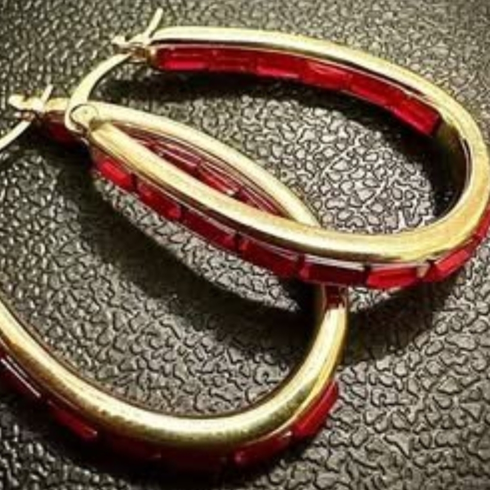 Red Emerald Cut Hoops Earrings Gold, 30MM Inside Out Hoop  18K Yellow Gold